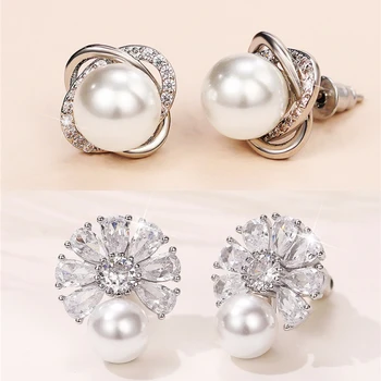 Huitan Menyasszony Szimulált Gyöngy Fülbevaló Romantikus Kristály Fülében Fülbevaló Esküvő Divat Luxus Piercing Ékszerek Nők