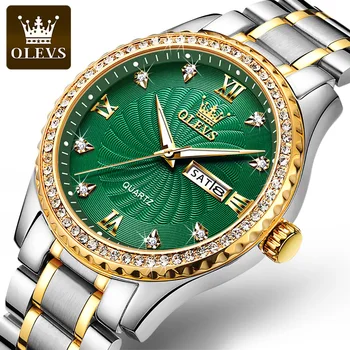 OLEVS Quartz Karóra Férfi Luxus Rozsdamentes Acél Zöld Forgó Gyémánt Tárcsa Vízálló Divat Sport Karóra Reloj Hombre