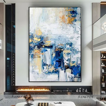 Kézzel készített Absztrakt olajfestmény, Vászon Kék-Le-fehér Mintás Wall Art Nappali lakberendezés Soron Eredeti Mű