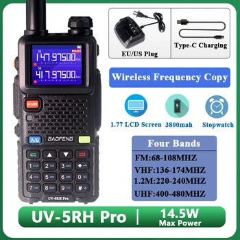 Baofeng UV-5RH Pro 14W 3800mAh C Típusú Töltés 136-174MHz 220-260MHz 400-520MHz Tri-Band 999Ch Vezeték nélküli Frekvencia Másolás FM Rádió