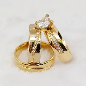 3pcs Szerelmeseinek Párok Engagemet Gyűrű Készlet Minőségi Nyugat-24 karátos Aranyozott Divat cz Gyémánt Esküvői Ékszer szett Esküvőre