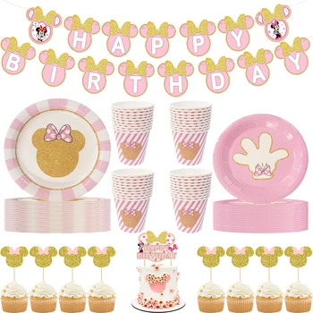 Disney Minnie Egér pink lány 1. boldog születésnapot fél Eldobható Evőeszközök papír tányér, csésze banner gyerek szívességet Kellékek