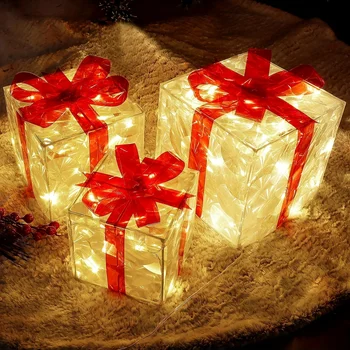 3 Karácsonyi 60 Led Égő Ajándék Doboz, Átlátszó Meleg Fehér Világító Dobozt Decrations, Bemutatja Boxs Piros Bo