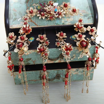 új stílusú Kínai korona hosszú tassel haj botok piros gyöngy tiara jelmez, esküvő, menyasszonyi fejdísz
