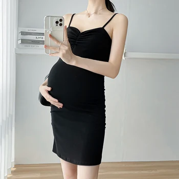 Japán Stílusú Szülési Heveder Ruhában Feszített Szexi, V-nyakú, Ujjatlan Terhes Nő Pamut Ruha Vékony Terhesség Mini Ruhák