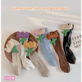 LISCN2023 Tavaszi Új Lányok Borjú Zokni koreai Edition Ékszerek Kis Virág egyszínű Gyermek Zokni Egyenesen Testület Halmozott S