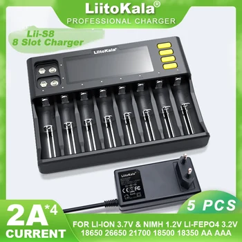 5DB LiitoKala Lii-S8 Li-ion 3,7 V NiMH akkumulátorok 1.2 V-os Li-FePO4 3.2 V IMR 3.8 V 18650 26650 21700 26700 18350 AA AAA Akkumulátor Töltő